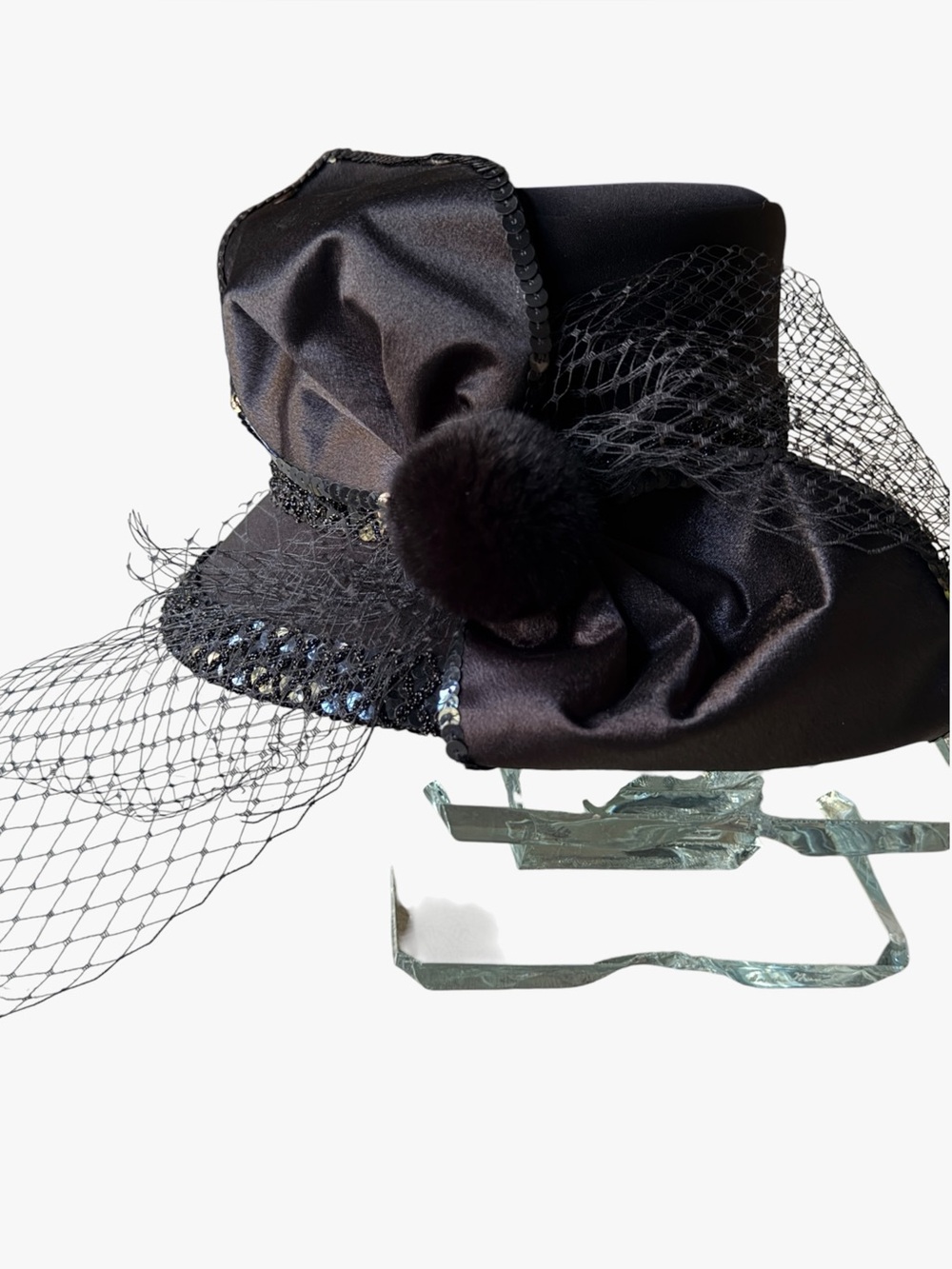 Donna Vinci Couture Black Ladies Asymmetrical Hat Bow Sequins Net Beading PomPom